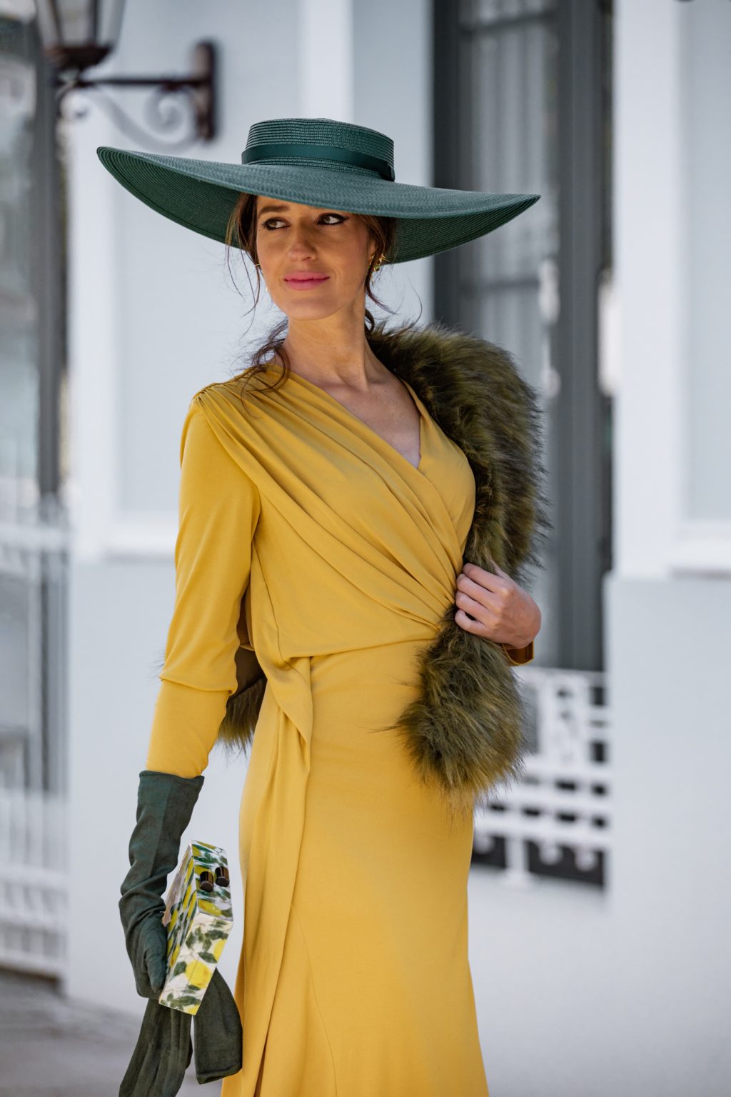 Long party dress mustard draped with bird embroidered for wedding