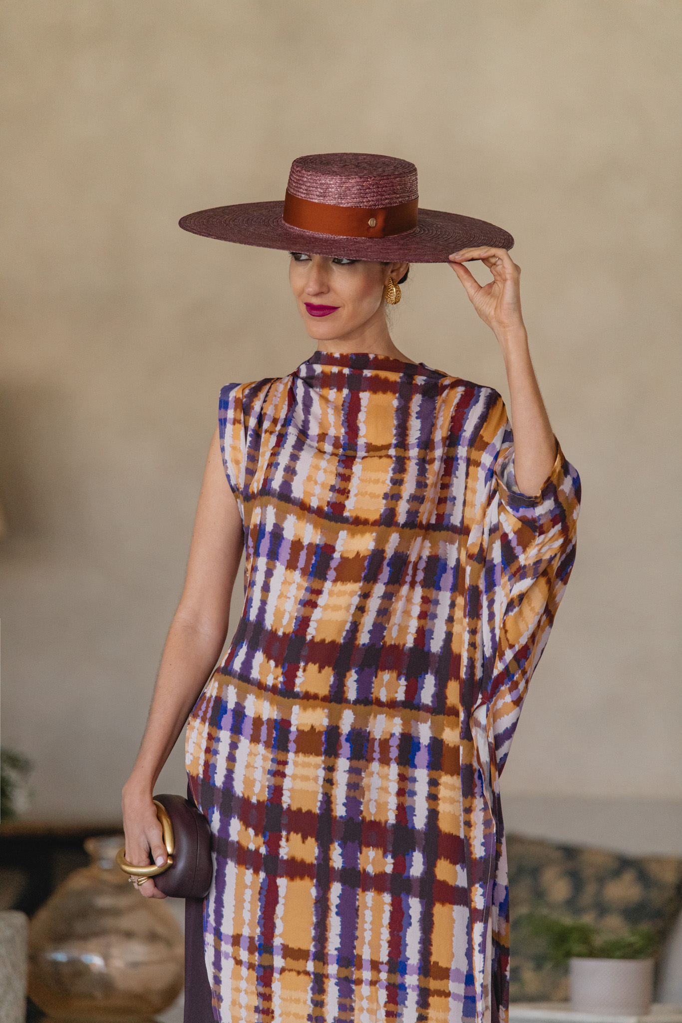 Blusón estampado con mezcla de mostaza, morados y marrones